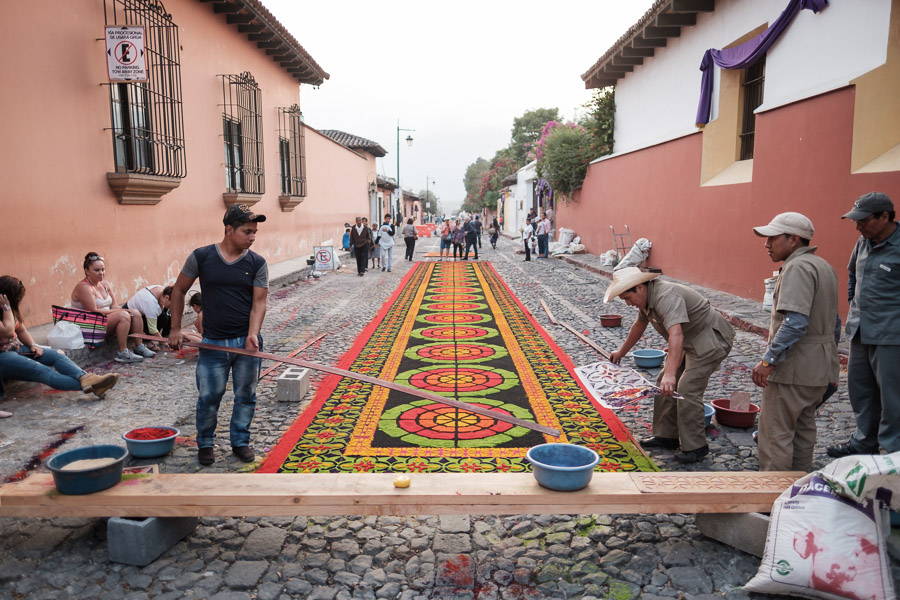 The high degree of patient and meticulous care that goes into creating these ephemeral alfombras is beautiful. At this particular piece, I watched a group of six work together, consult one another, and celebrate the fruits of their labour over several hours. Here, they carefully put the finishing touches on their impressive carpet.