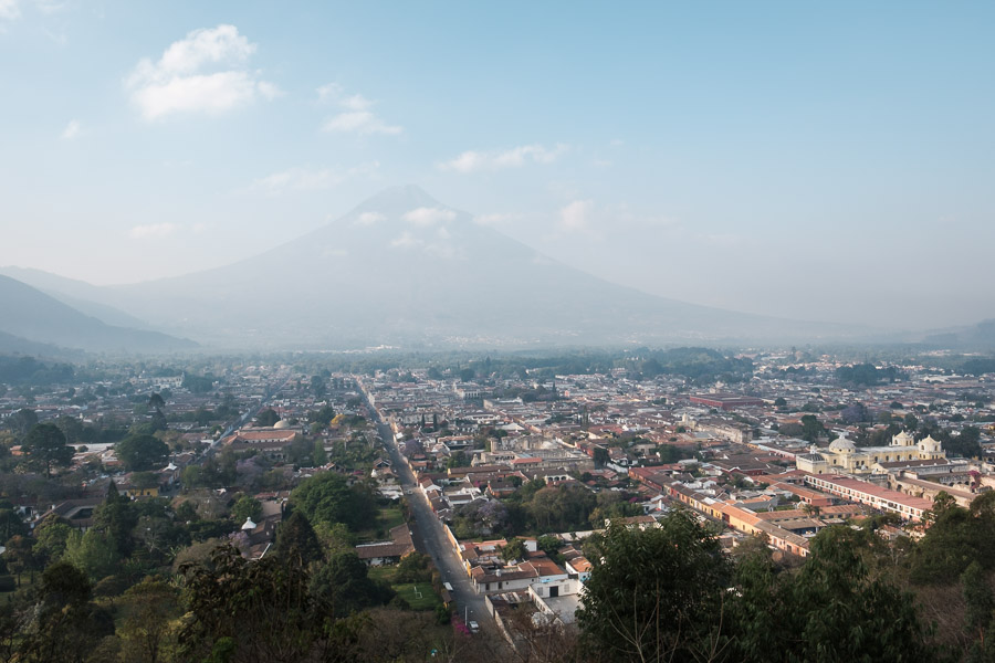 Volcán de Agua contours the southern horizon of Antigua, Guatemala.