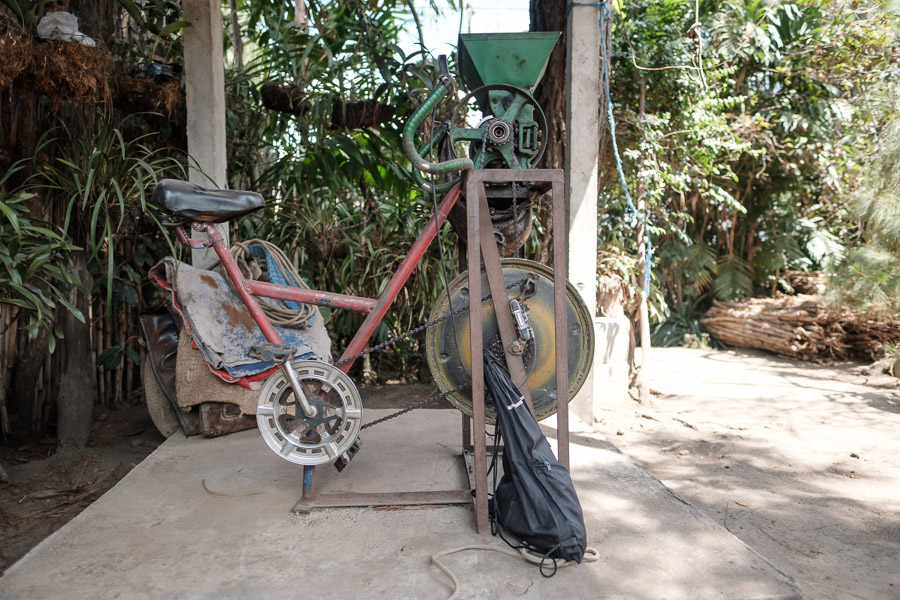 A fascinating bicycle upgrade has been added to a depulper originally driven by a hand crank.