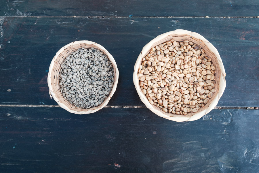 Coffee beans - before and after drying (from right to left, respectively).