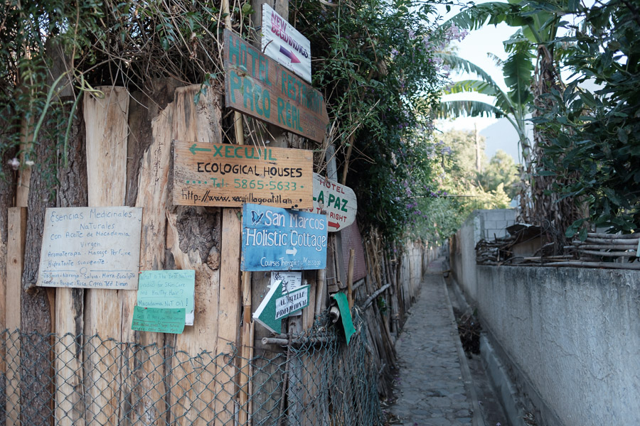 Corners decorated with handmade signage in the labyrinth of footpaths that is the town San Marcos la Laguna.