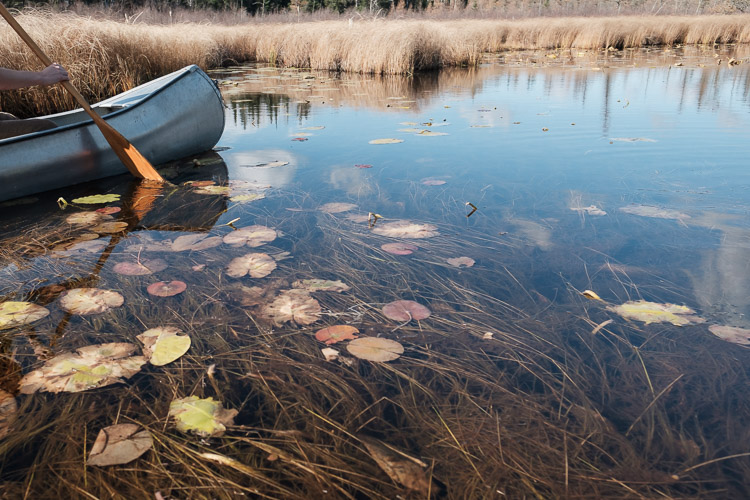 A canoe cuts through autumn reflections. Soon the snow will fall and the water will freeze; until next year!