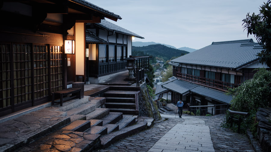 An elderly man commutes home at dusk, one slow step at a time in the shrouded Kiso Valley.Context: I retraced part of the old Nakasendo mountain walking route between Tokyo and Kyoto, part of a trek connecting the dots between special-to-me Japan destinations: a coffee shop in Tokyo and Dogen&rsquo;s Eiheiji temple in the Fukui prefecture. &ndash;pop-up newsletter&ndash;